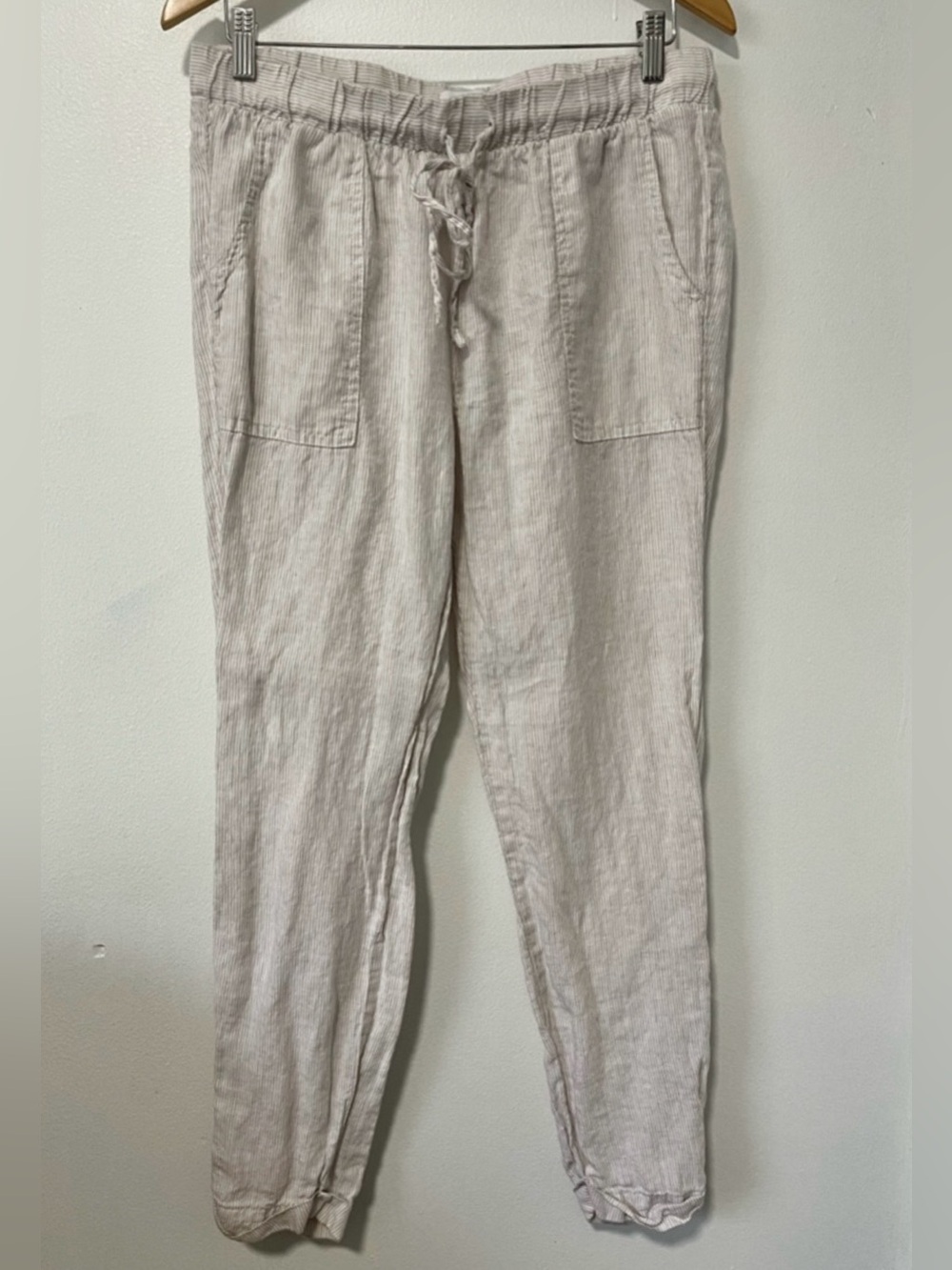 Coastal Grandma Striped Linen Joggers Gray White Utility Beach Pocket Pants M